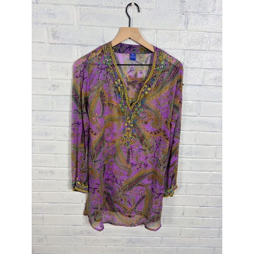 Raj Silk Tunic Top Womens L Purple Paisley Beaded Sheer Boho V Neck Blouse